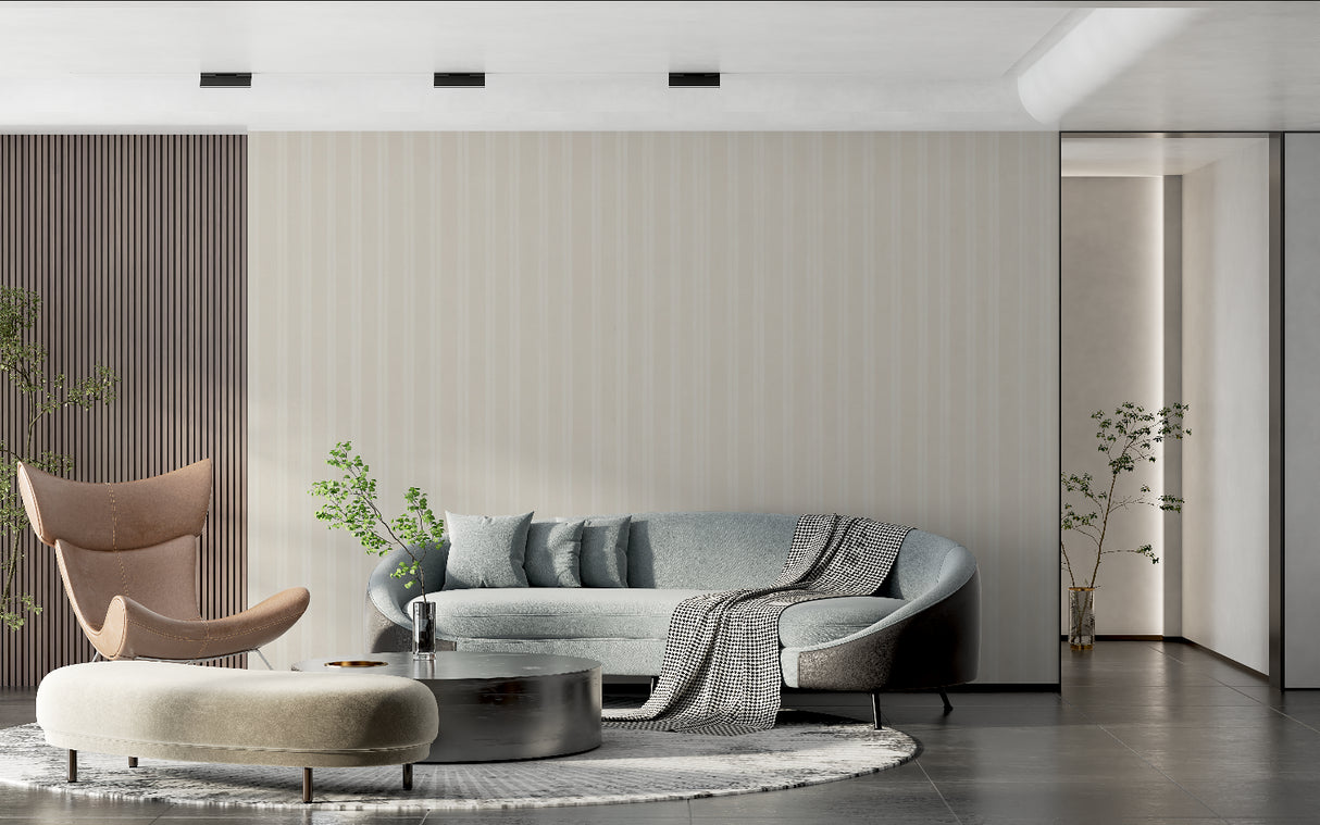 Beige linear pattern wallpaper adding height to a contemporary bedroom