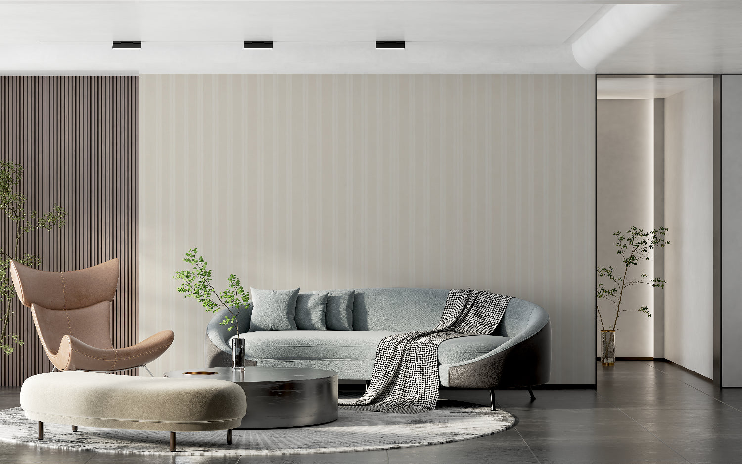 Beige linear pattern wallpaper adding height to a contemporary bedroom