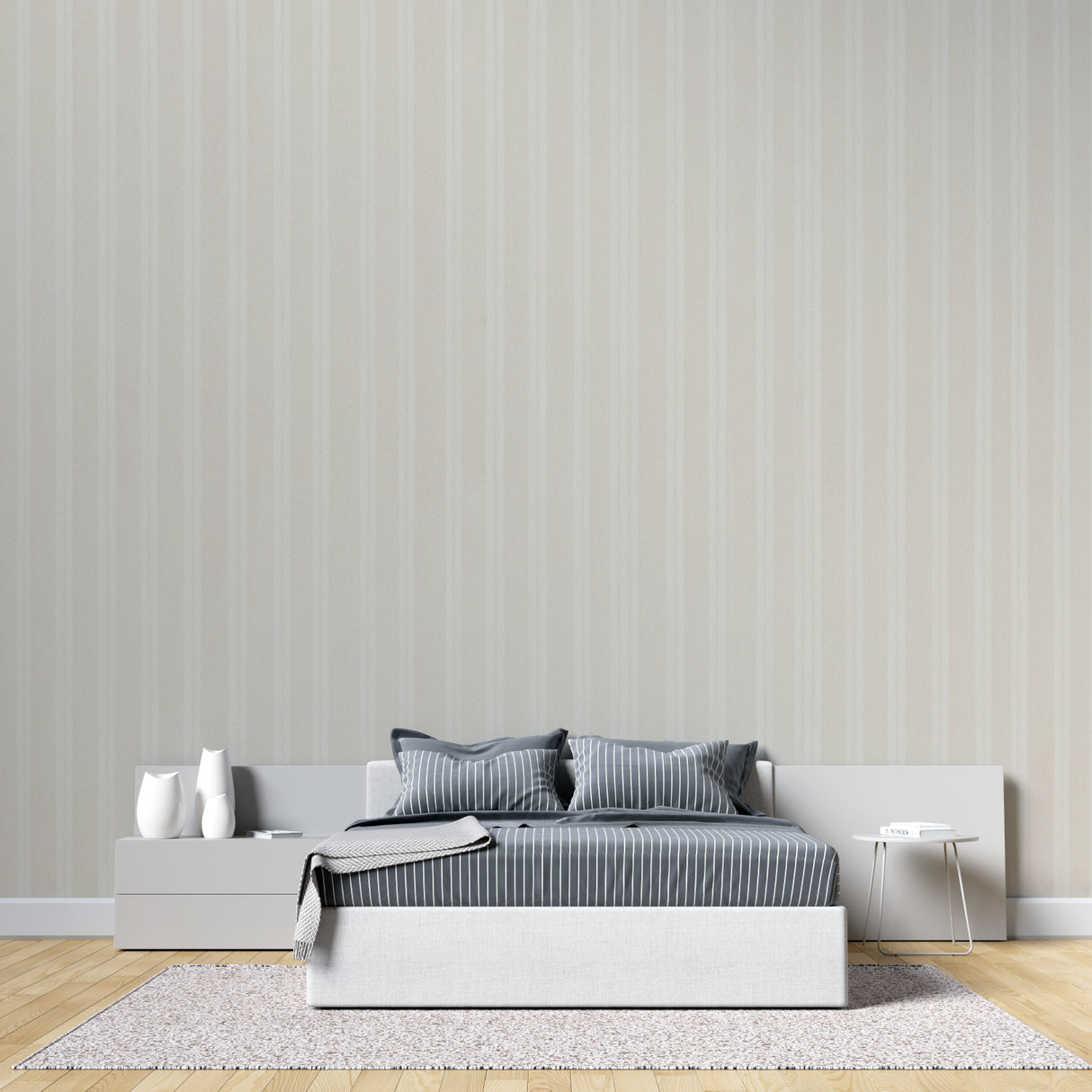 Modern beige striped mural installed in a bright dining room