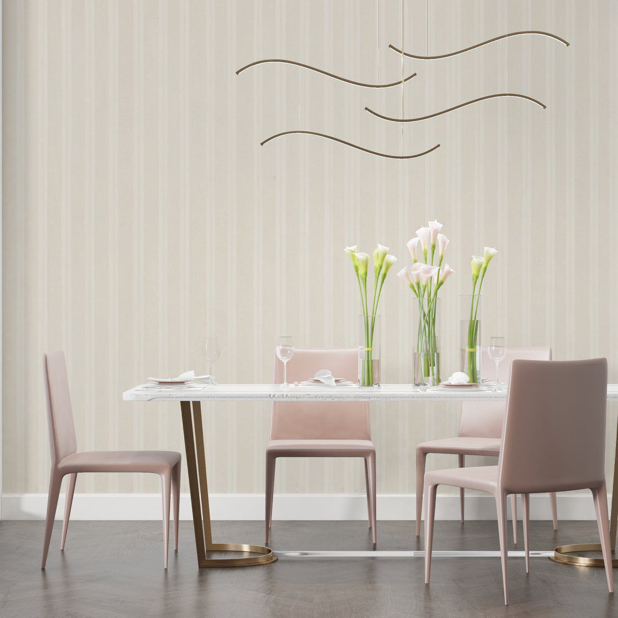 Linear pattern wallpaper creating depth in an entry hallway