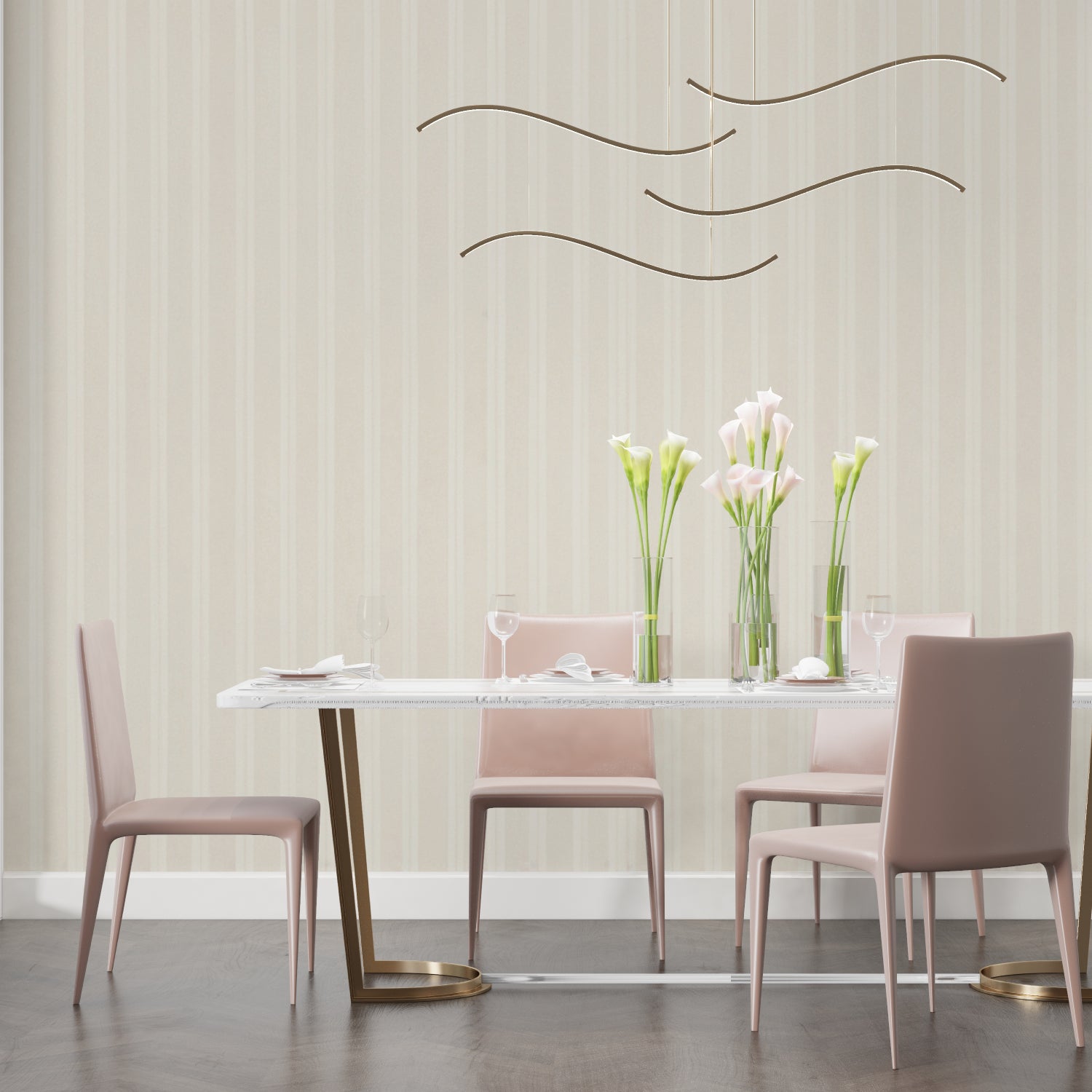 Linear pattern wallpaper creating depth in an entry hallway