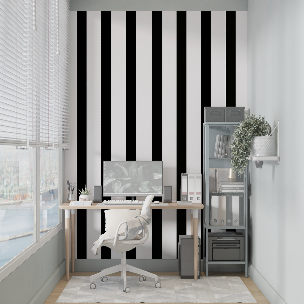 Black and white striped wallpaper in modern living room showing vertical stripes creating height