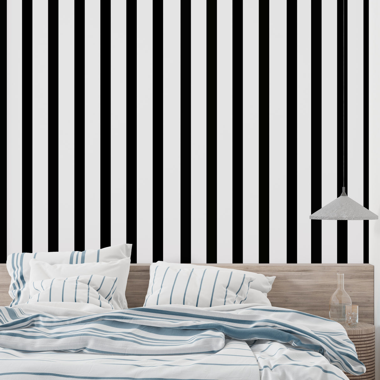Striped wall mural in minimalist office space with clean lines and modern furniture
