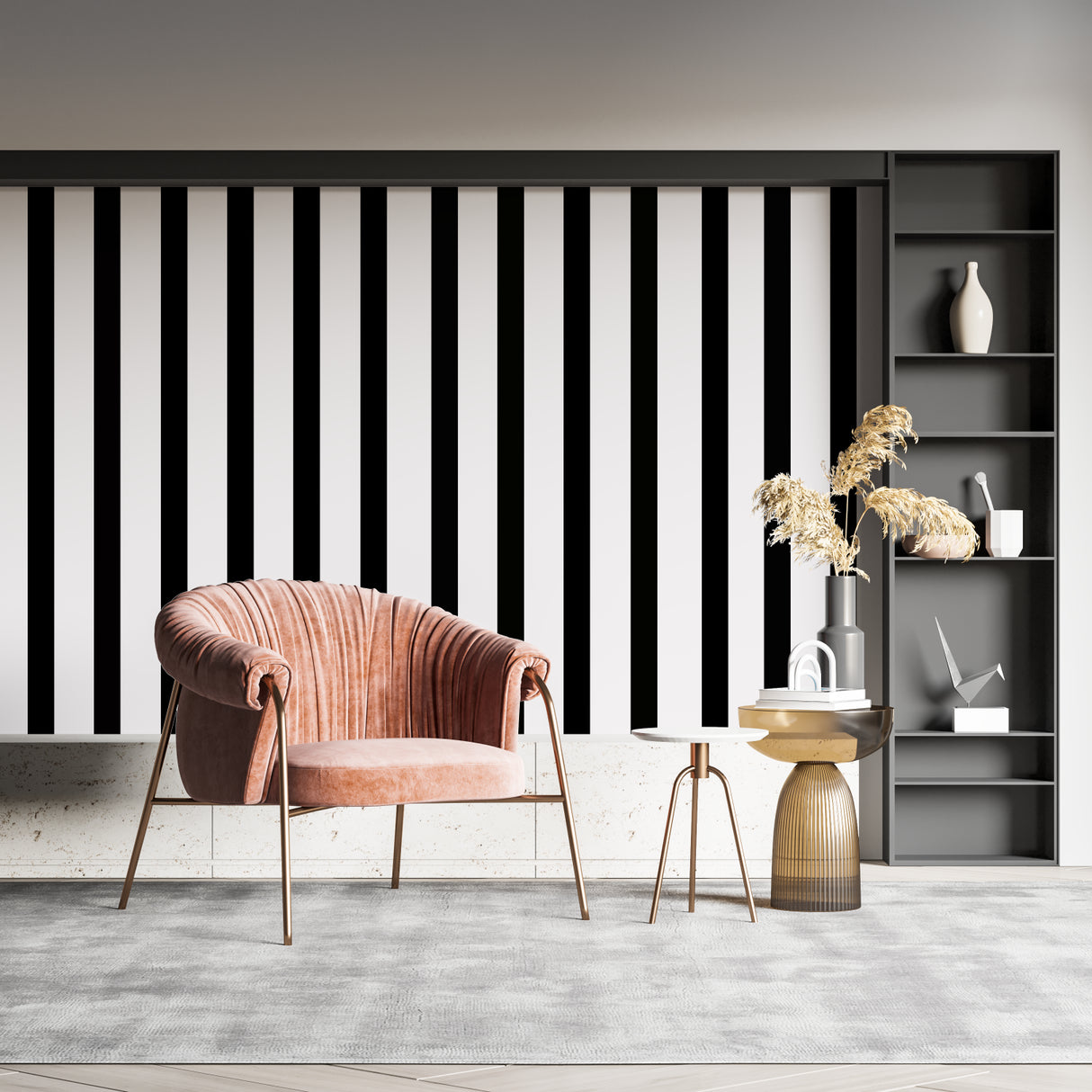 Modern dining room featuring black and white stripe wallpaper accent wall
