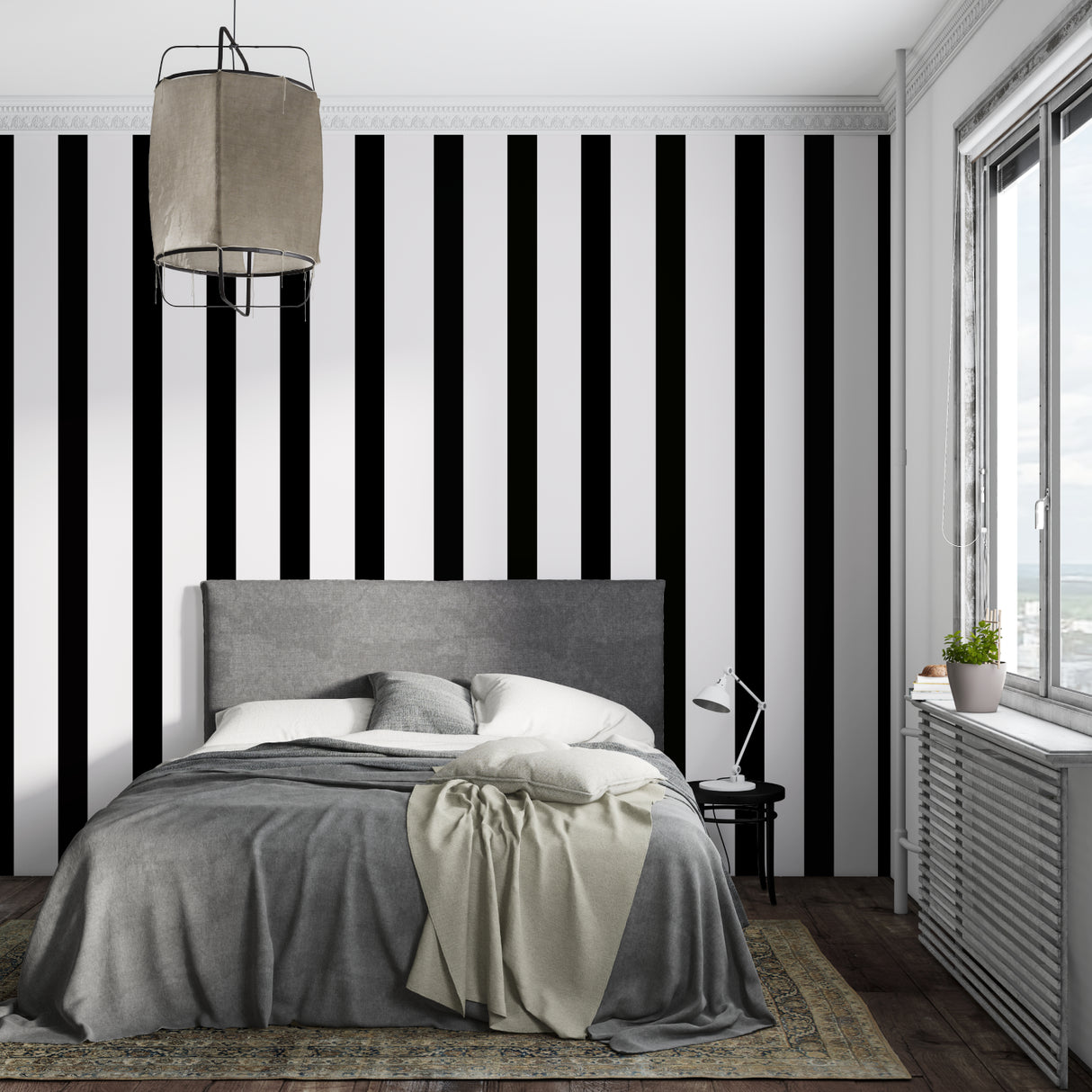 Contemporary bedroom with geometric striped wallpaper creating visual depth