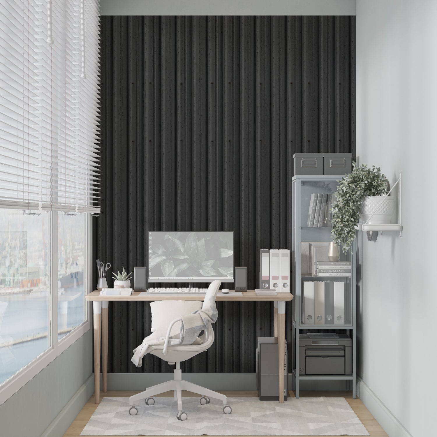 Industrial stripe wallpaper creating height in contemporary home office