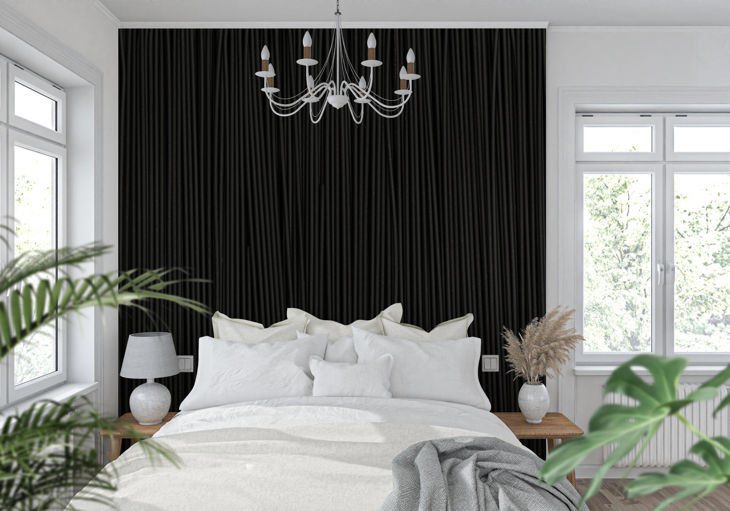 Modern black wood stripe wallpaper in a minimalist living room with tall windows and contemporary furniture