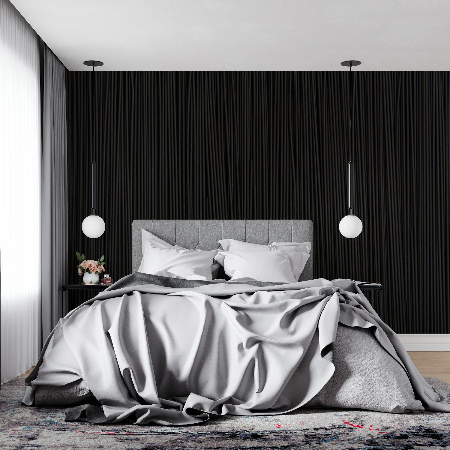 Modern office space featuring black wood grain wallpaper with ambient lighting