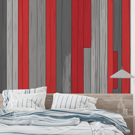 Modern red and grey striped wallpaper in a minimalist living room showing depth and architectural impact