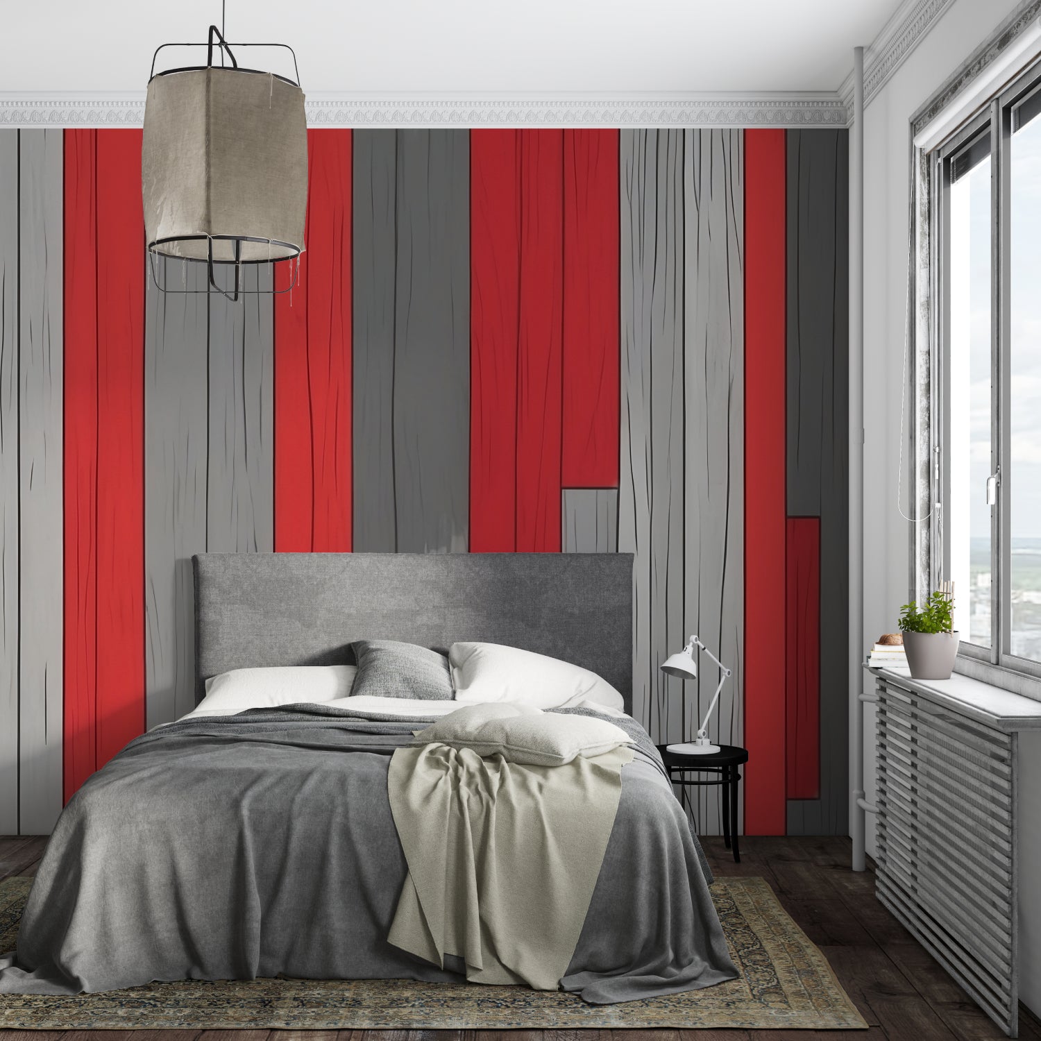 Striped wood effect wallpaper featured in a contemporary home office space