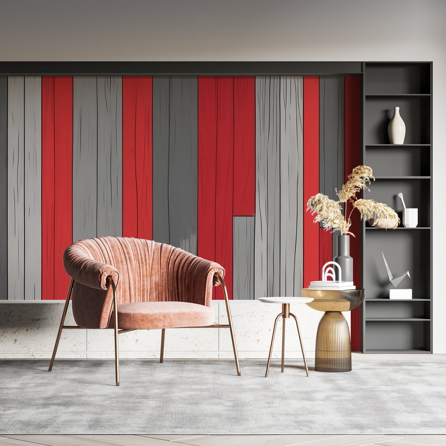 Red and grey wood panel wallpaper creating a striking accent wall in dining room