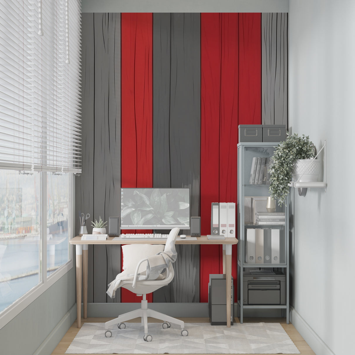 Modern striped wallpaper bringing warmth to an industrial-style bedroom