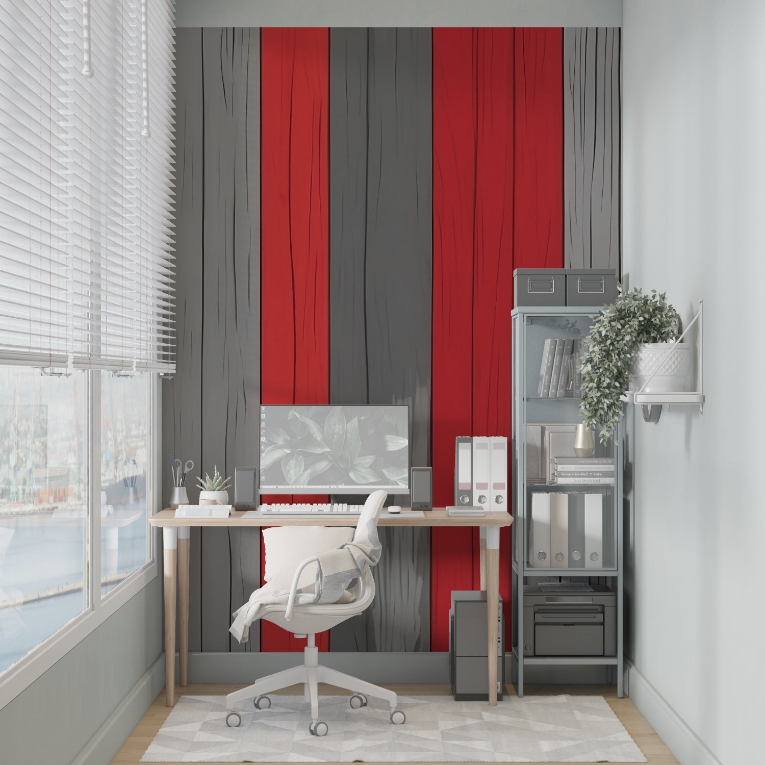 Modern striped wallpaper bringing warmth to an industrial-style bedroom