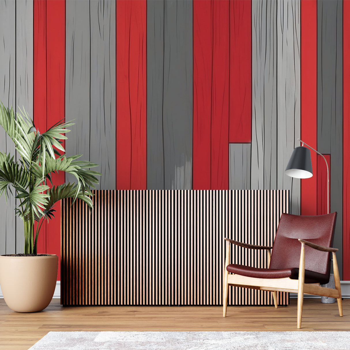 Vertical striped wall mural showcasing wood texture in modern hallway