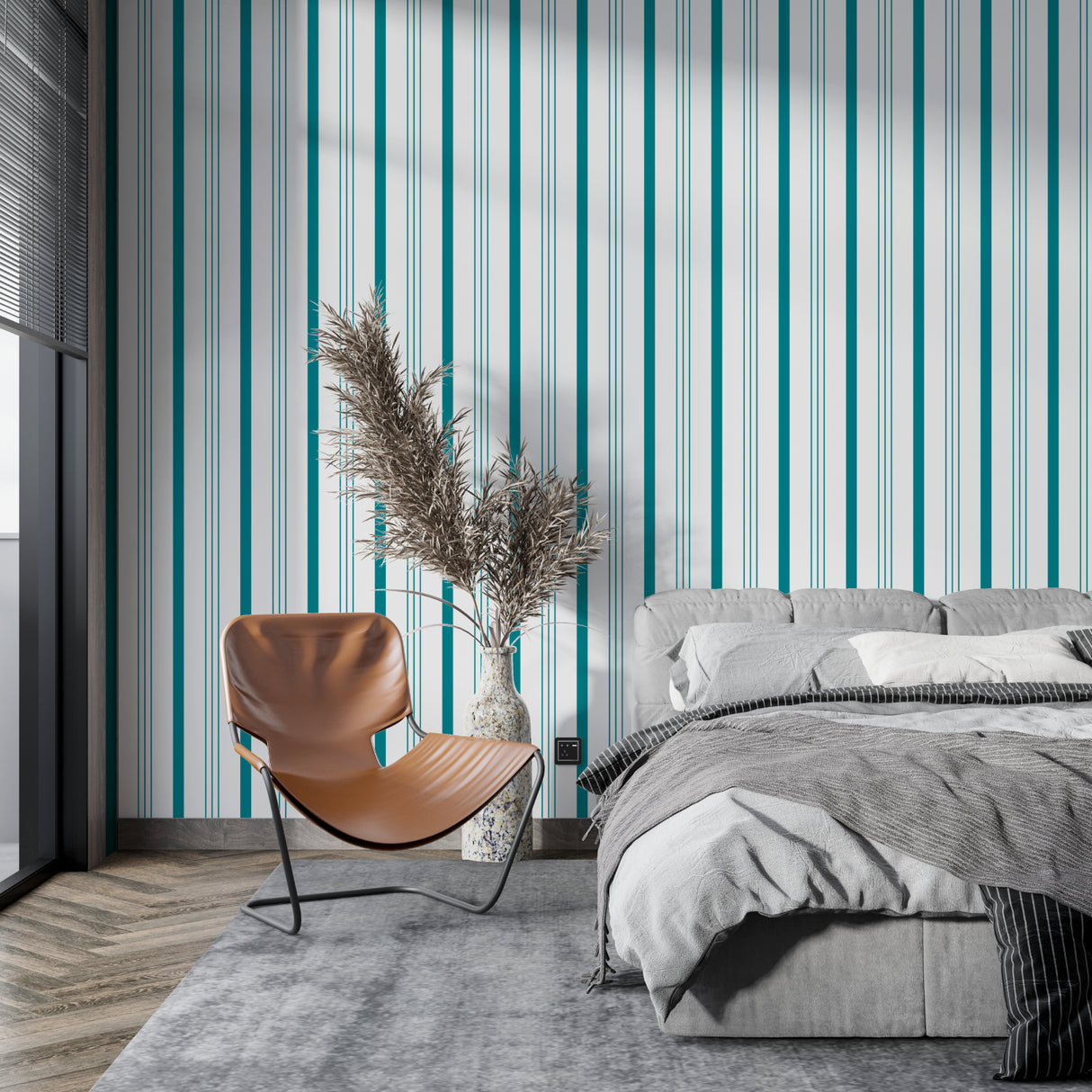 Modern teal striped wallpaper in a minimalist living room creating visual height