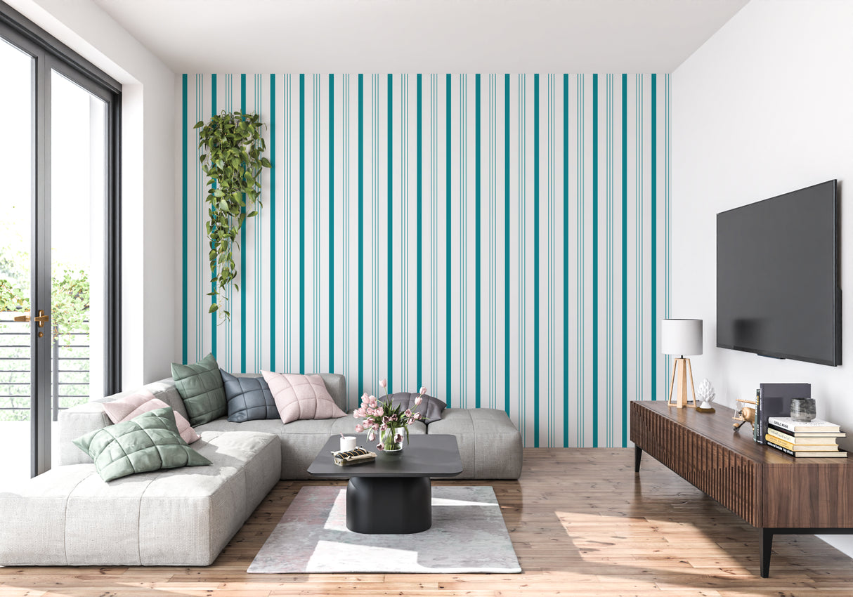 Teal and white vertical stripes wallpaper brightening a home office space