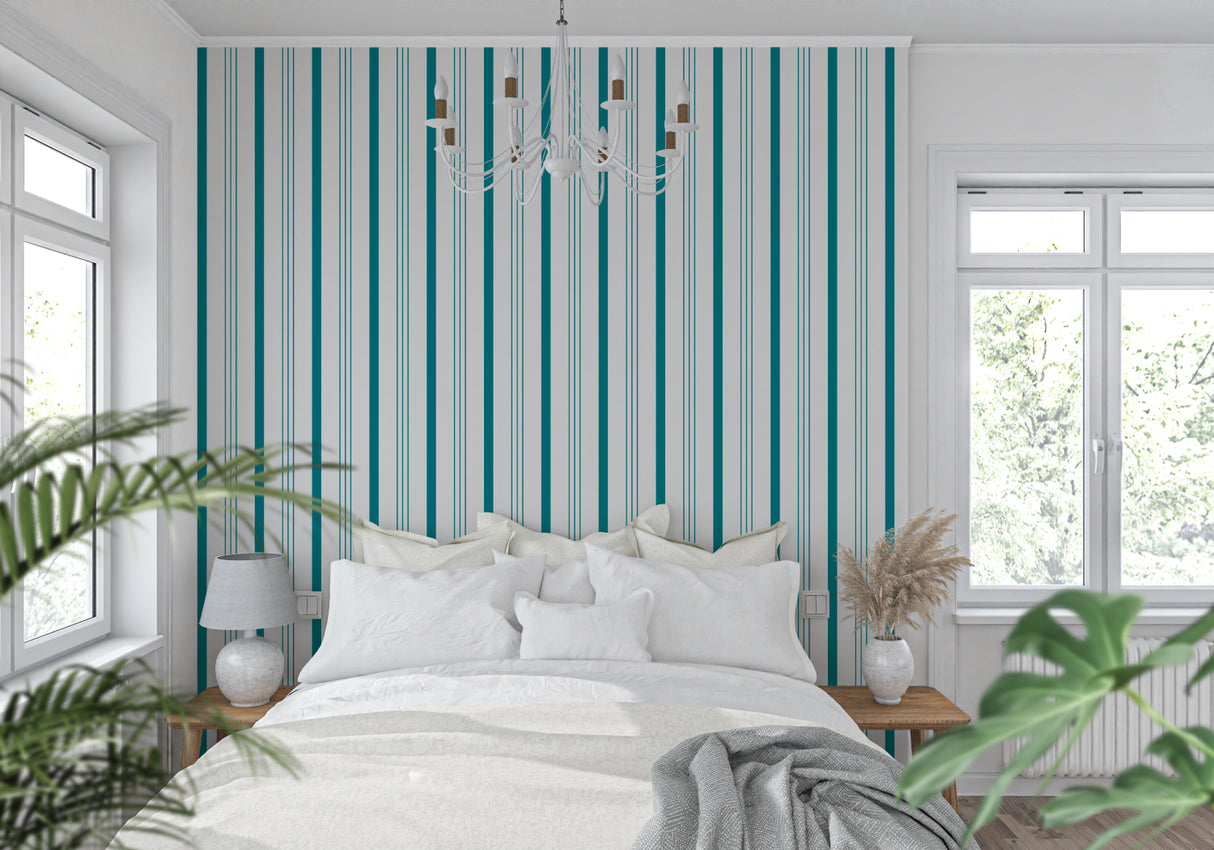 Contemporary striped wall mural in teal showcased in a modern dining room