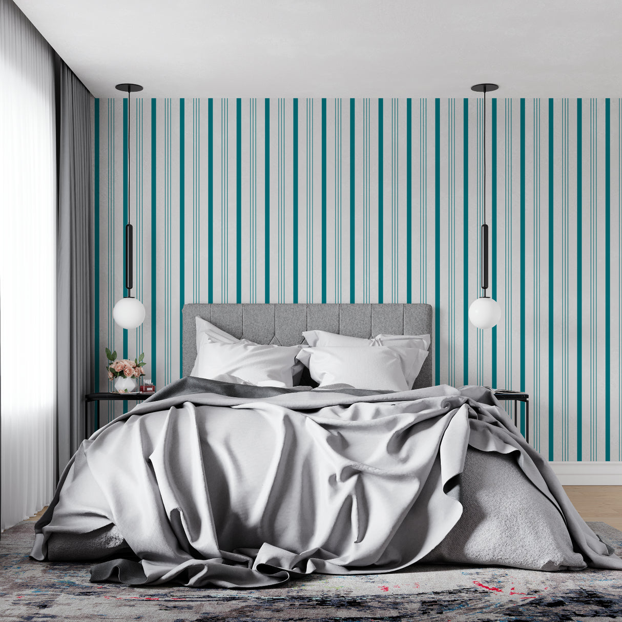 Vertical striped wallpaper in teal creating depth in a bedroom setting