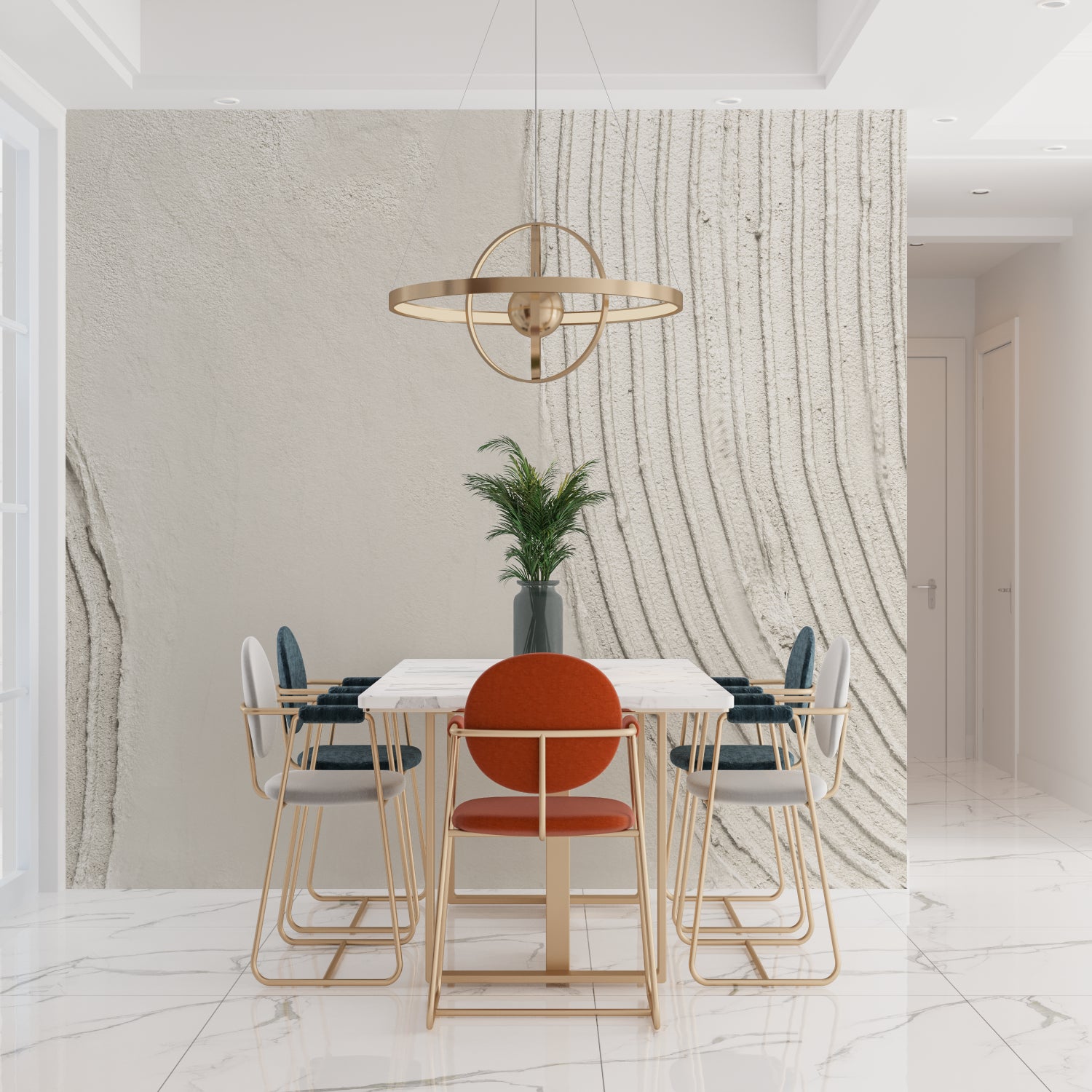 Linear wallpaper design in modern home office with clean lines and natural tones