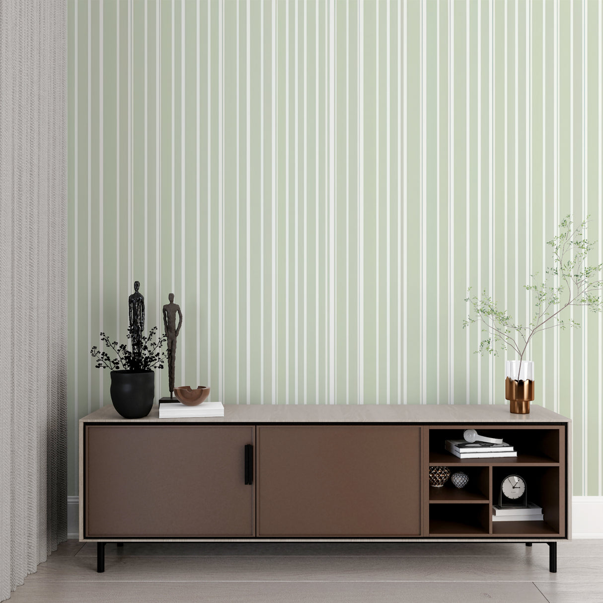 Minimalist hallway showcasing vertical green striped wallpaper pattern