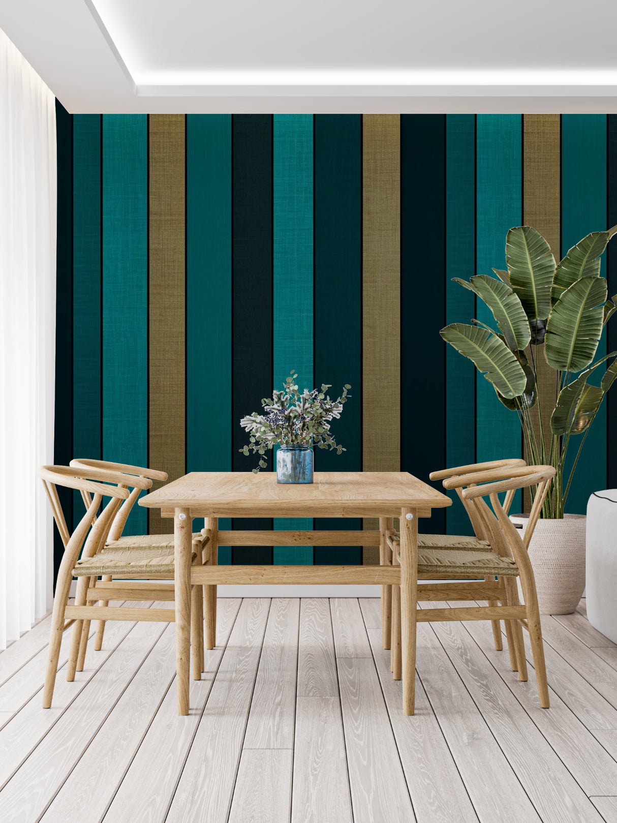 Modern teal and gold striped wallpaper in a bright living room with contemporary furniture
