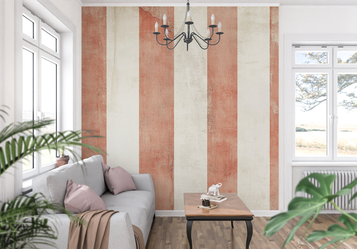 Bedroom featuring modern striped wallpaper in earthy tones
