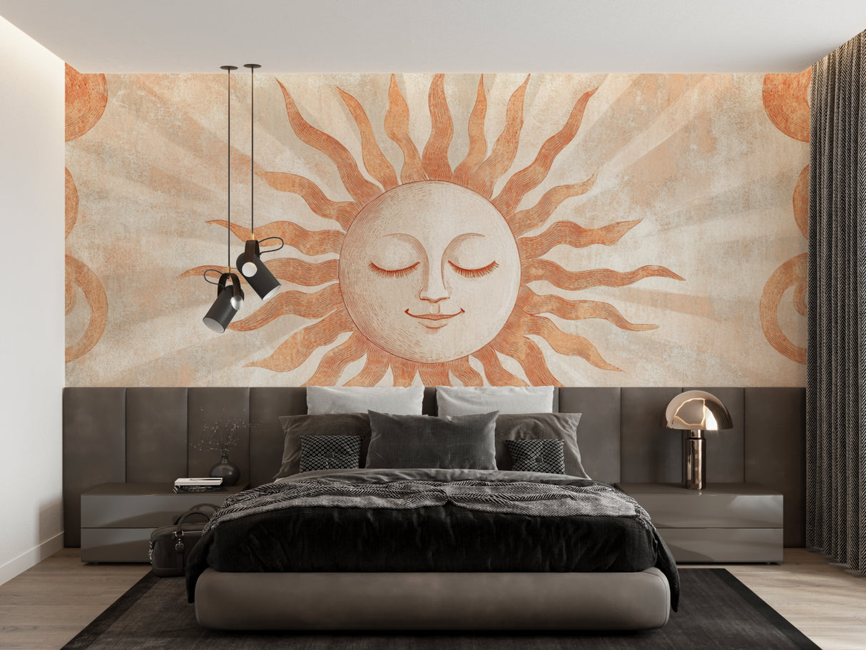 Celestial sun wallpaper bringing warmth to a modern living room with natural light