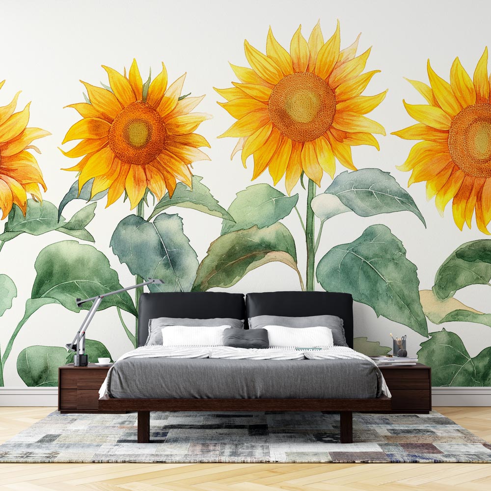 Sunflower wall mural bringing warmth to a bright modern dining room with white furniture and natural light