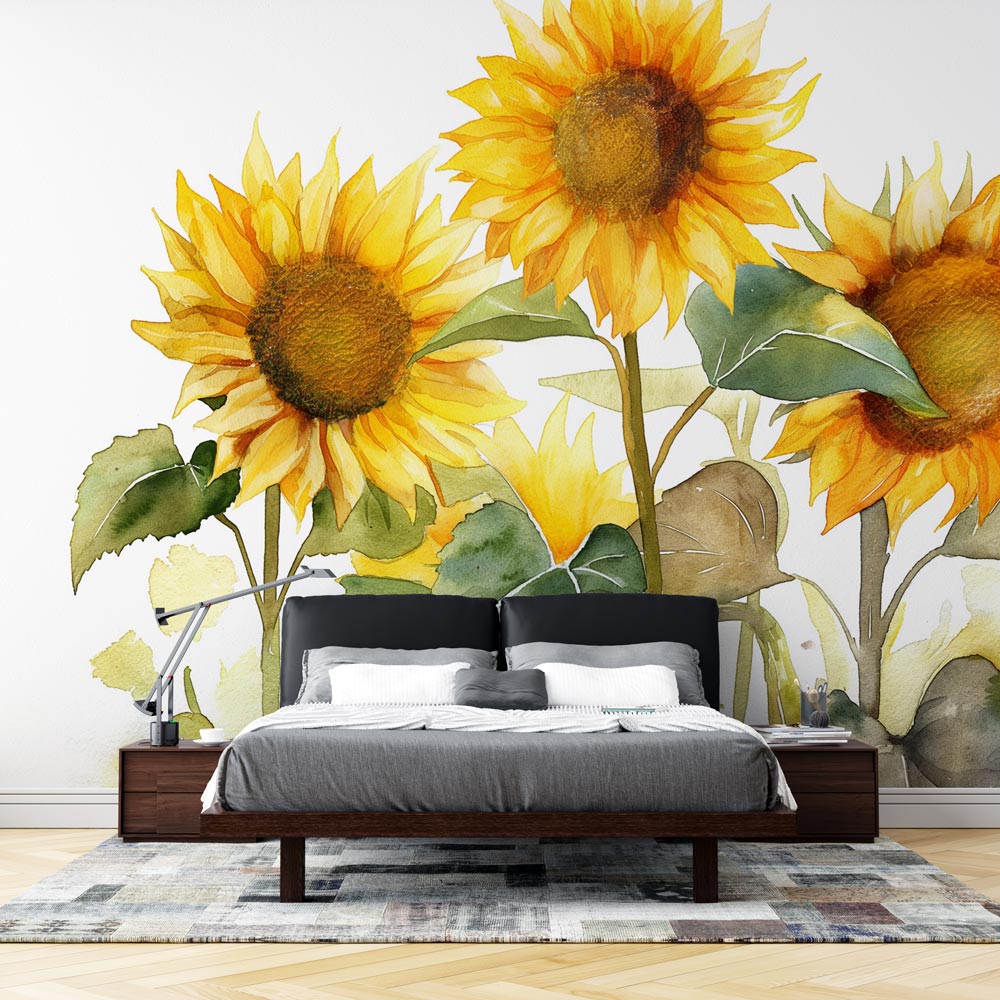 Sunflower wallpaper mural bringing warmth to a bright modern living room with white furniture and natural light