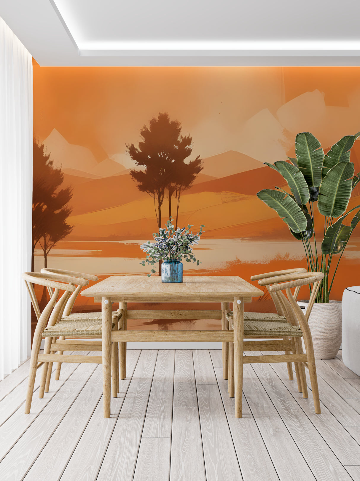 Mountain sunset wallpaper creating warm ambiance in modern living room with grey sofa and wooden accents