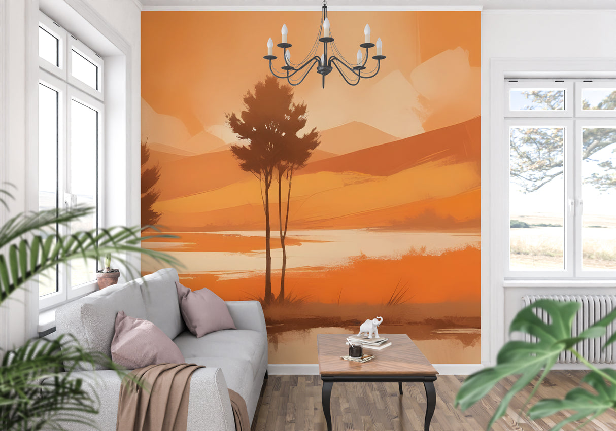 Orange mountain lake wallpaper in cozy bedroom setting with natural light
