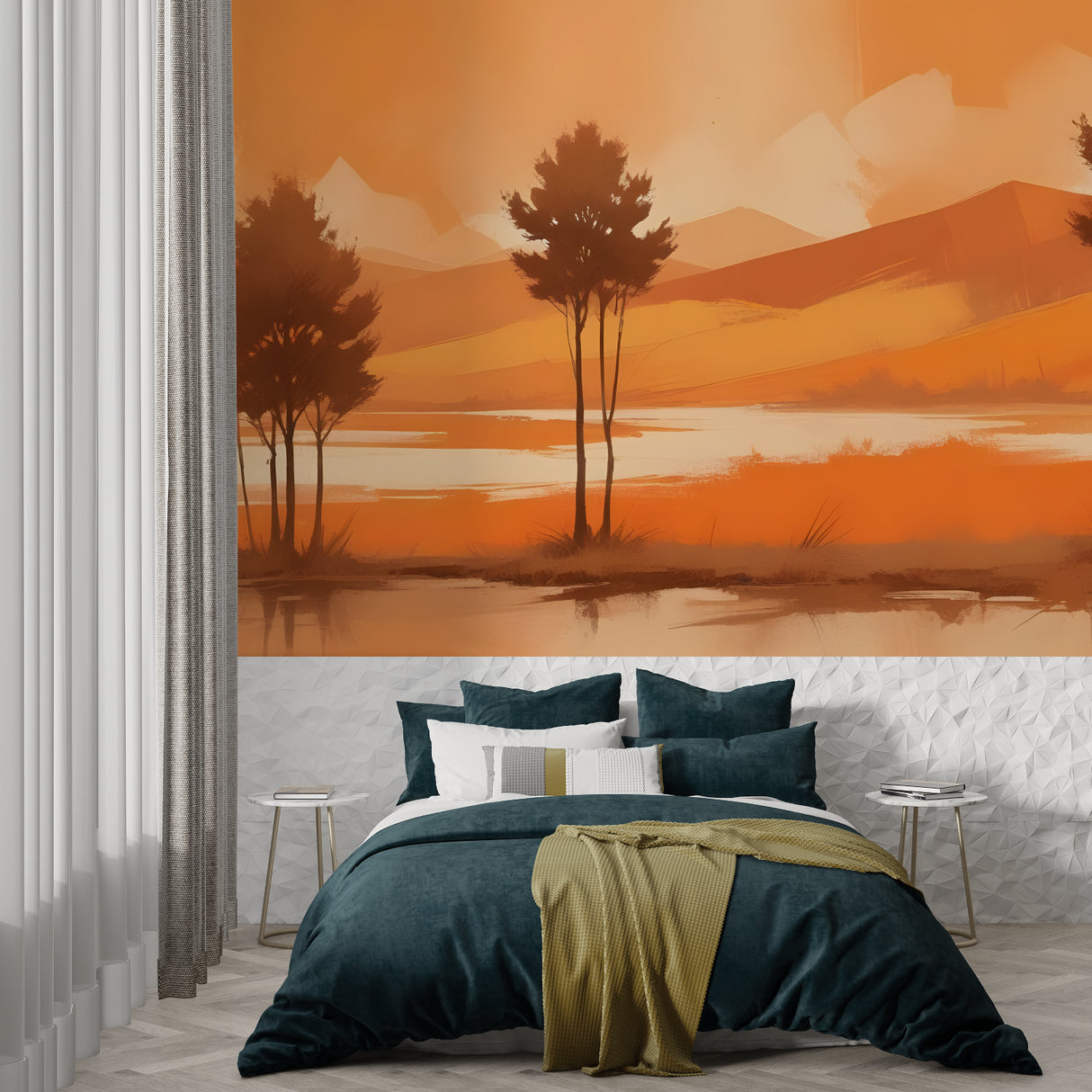 Sunset lake mural wallpaper transforming home office space with peaceful mountain view