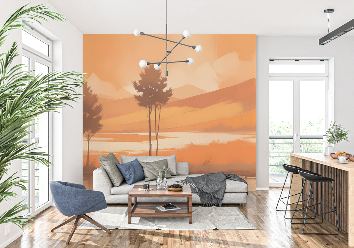 Mountain landscape wallpaper adding depth to dining room with sunset colors