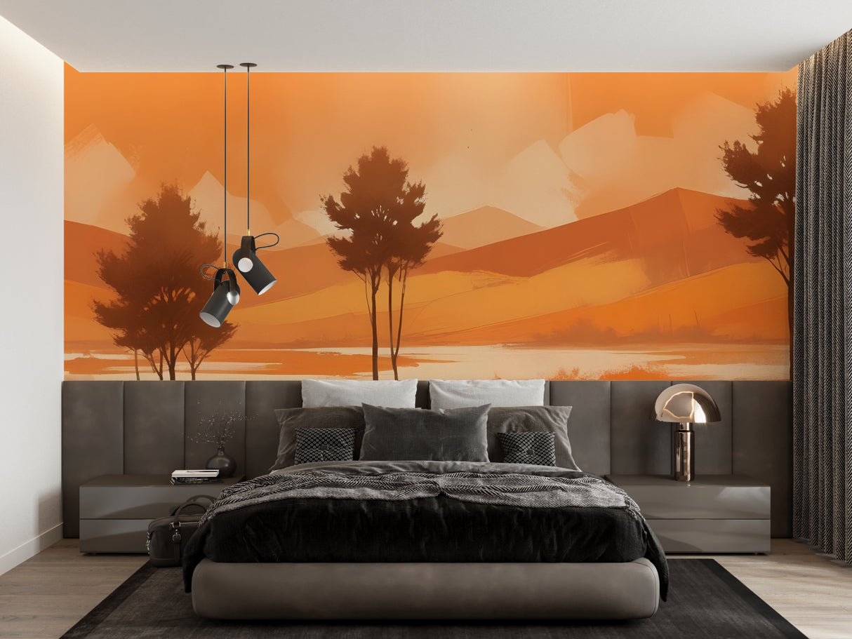 Orange sunset wall mural creating stunning backdrop in minimalist hallway