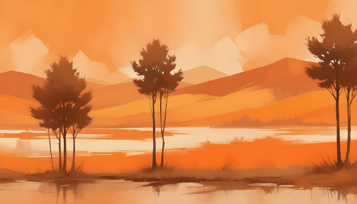 Mountain lake sunset wallpaper design file showing intricate details and rich orange tones