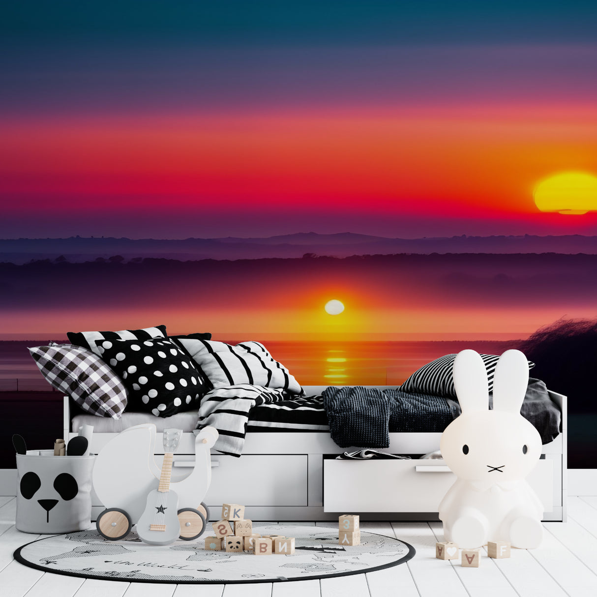 Purple Sunset Wallpaper transforming a bedroom into a cozy retreat