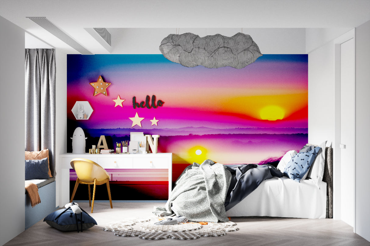 Purple and orange sunset wallpaper mural styled in modern living room with minimal furniture