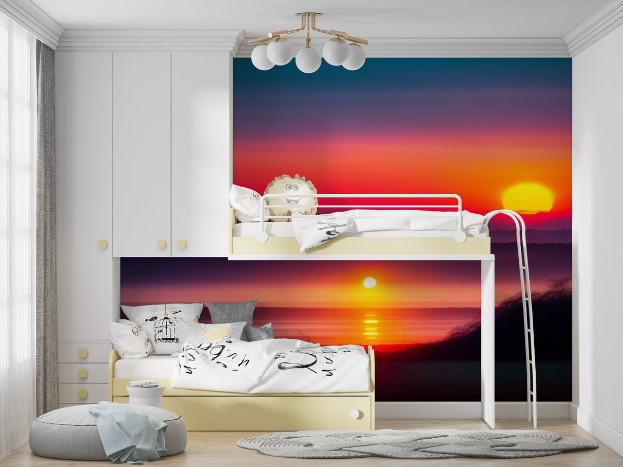 Sunset gradient wall mural creating cozy atmosphere in master bedroom