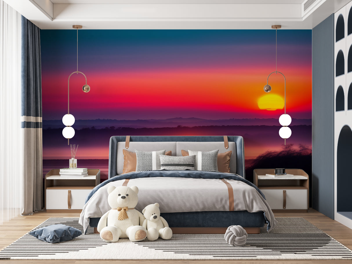 Purple sunset mural wallpaper making statement in dining room with mood lighting