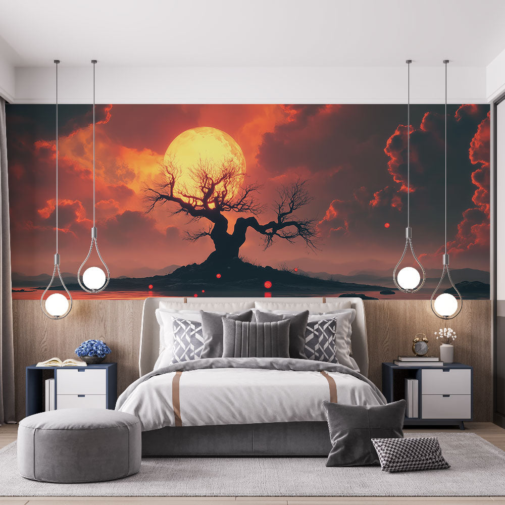 Sunset Tree Wallpaper creating a cozy atmosphere in a modern living room, orange moon casting warm glow on furniture