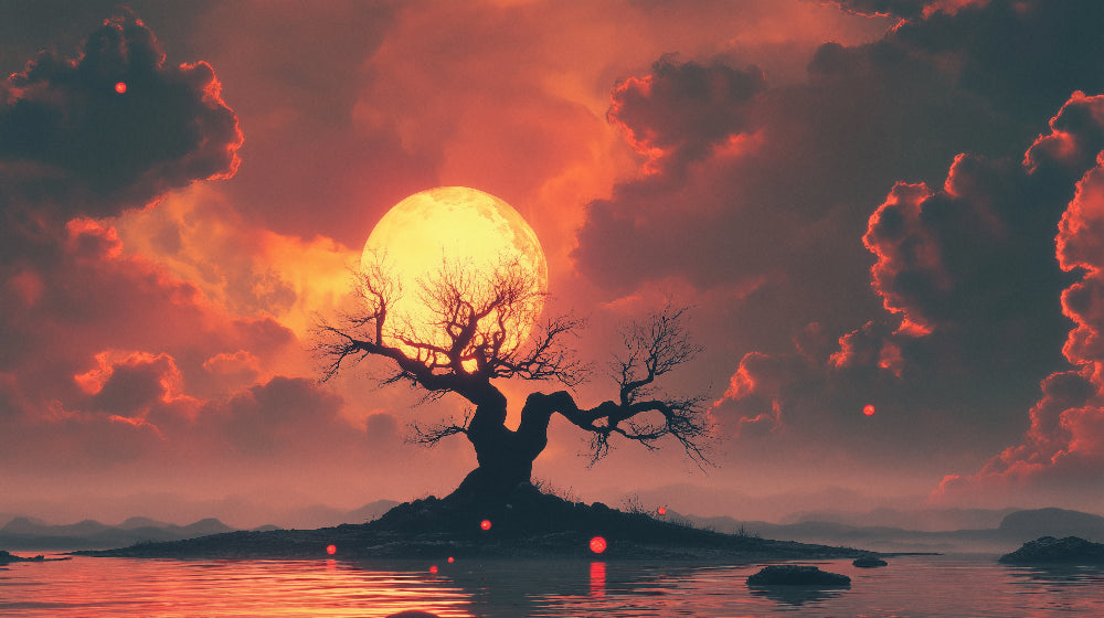 Mystical tree silhouette and orange moon design file with floating orbs pattern