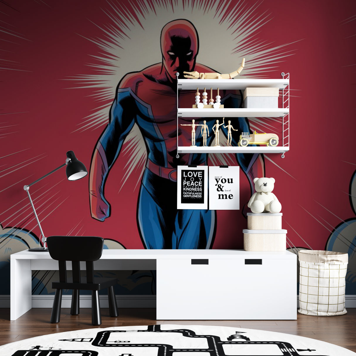 Comic book hero wallpaper bringing adventure to a modern kids bedroom with blue and red tones