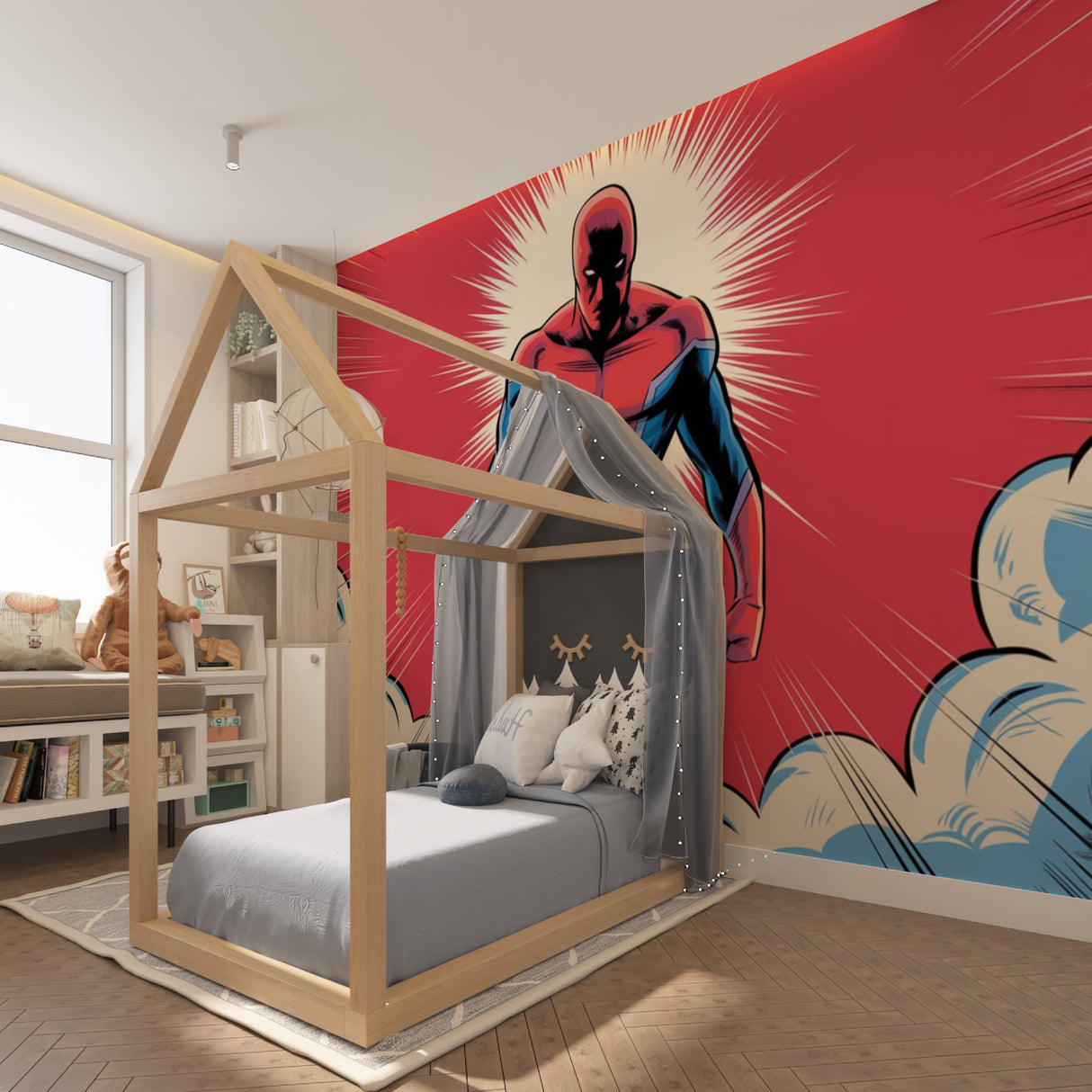 Superhero wall mural creating excitement in a teen gaming room setup