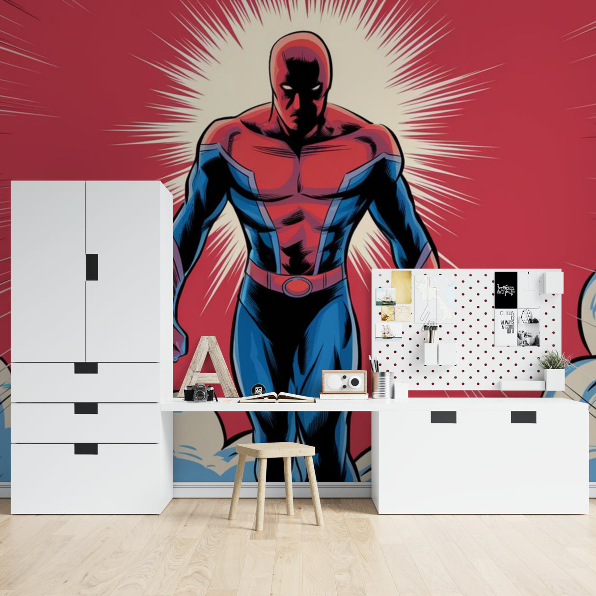 Comic art wallpaper transforming a playroom with dynamic action scenes