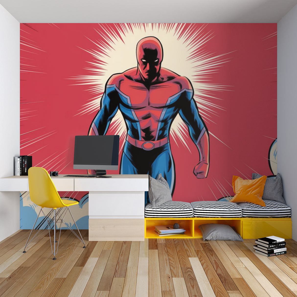 Superhero themed mural adding character to a study space