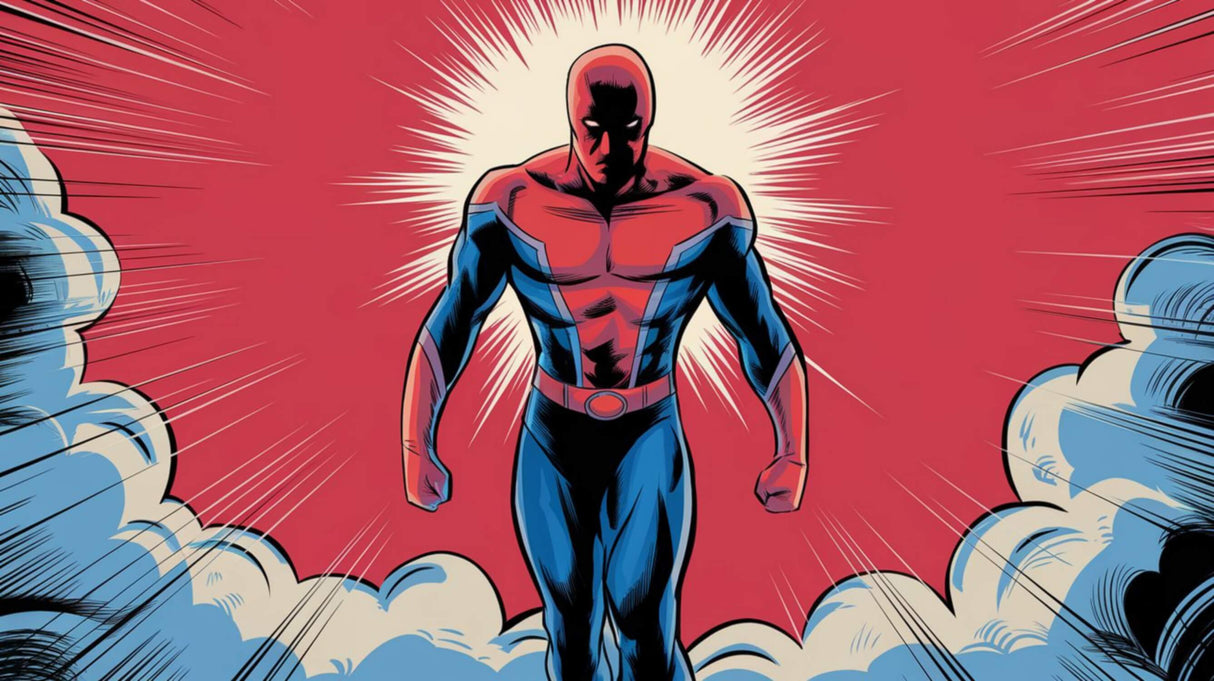 Comic book hero design file showing detailed pattern with vibrant red and blue color scheme