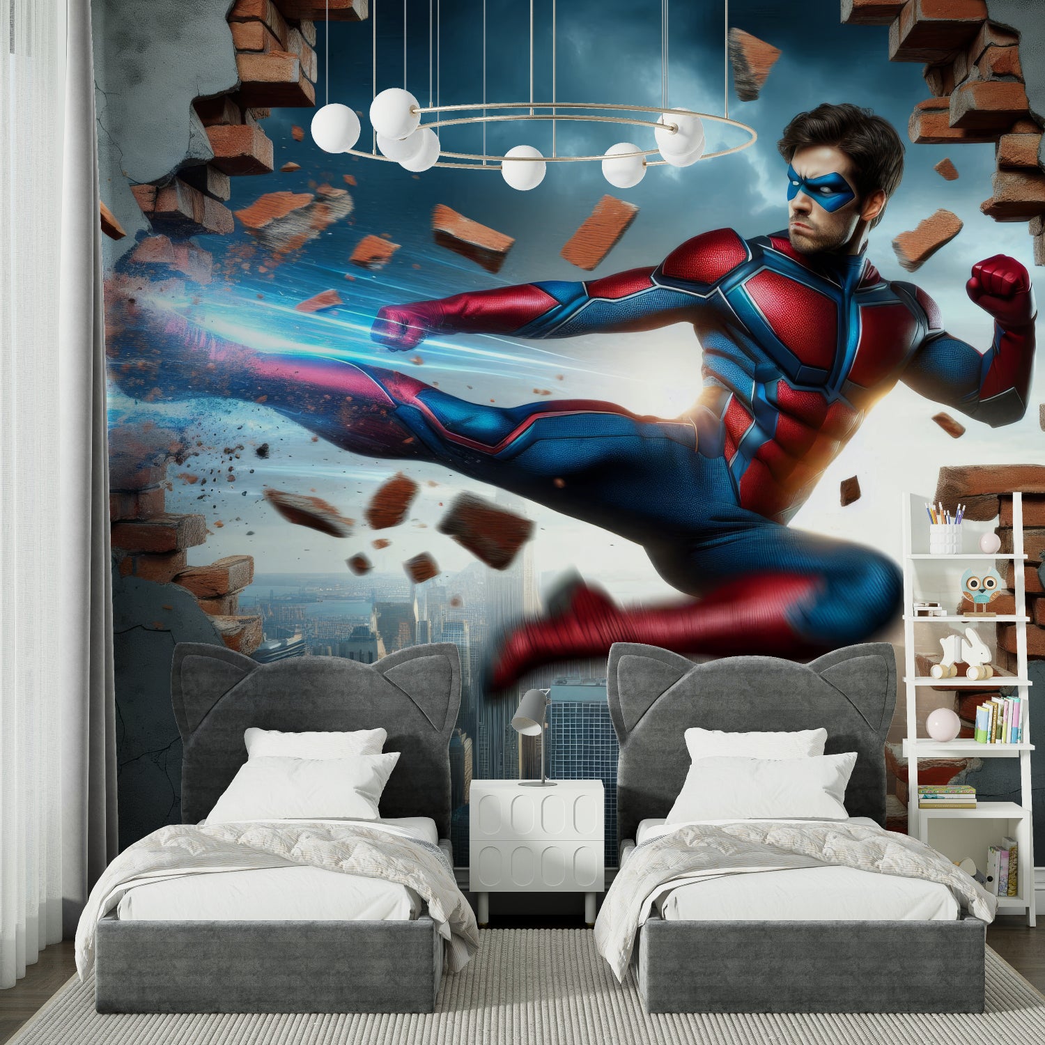 3D superhero wall mural creating drama in a teen gaming room with dramatic lighting