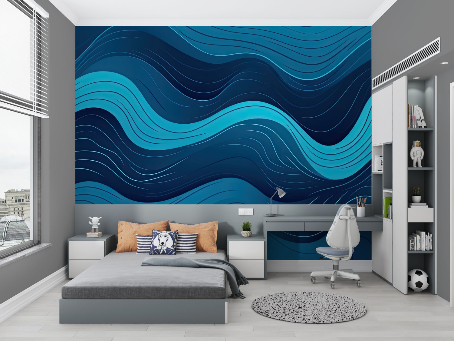 Dynamic superhero mural adding energy to a study space with urban backdrop