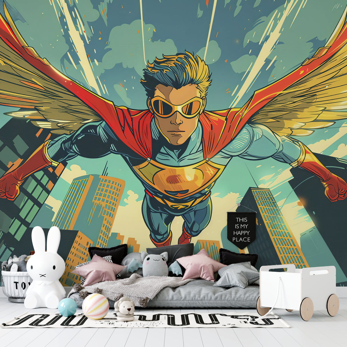Action hero mural transforming a playroom with colorful superhero theme decor