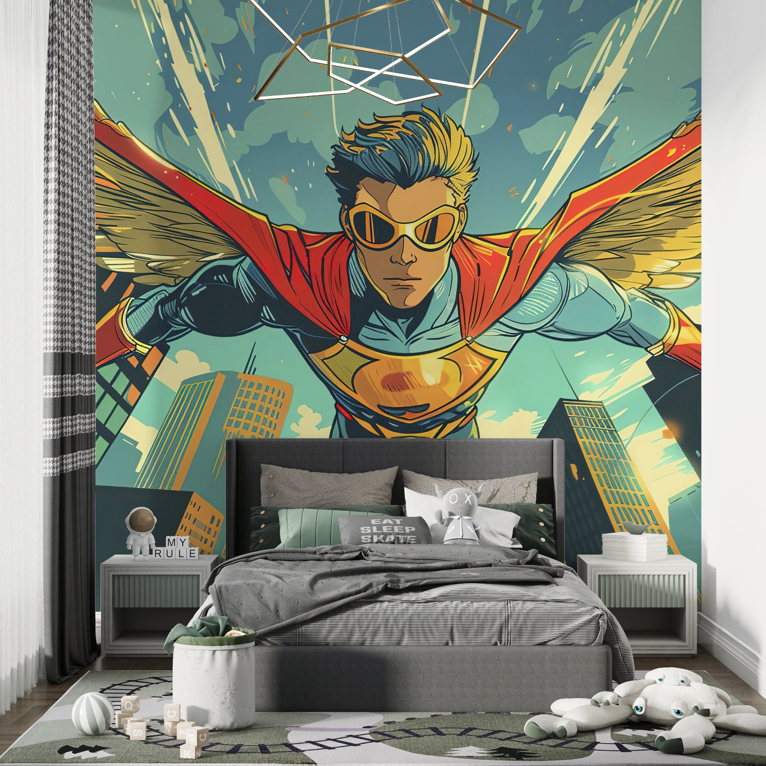 Superhero wallpaper making a bold statement in a modern home office space